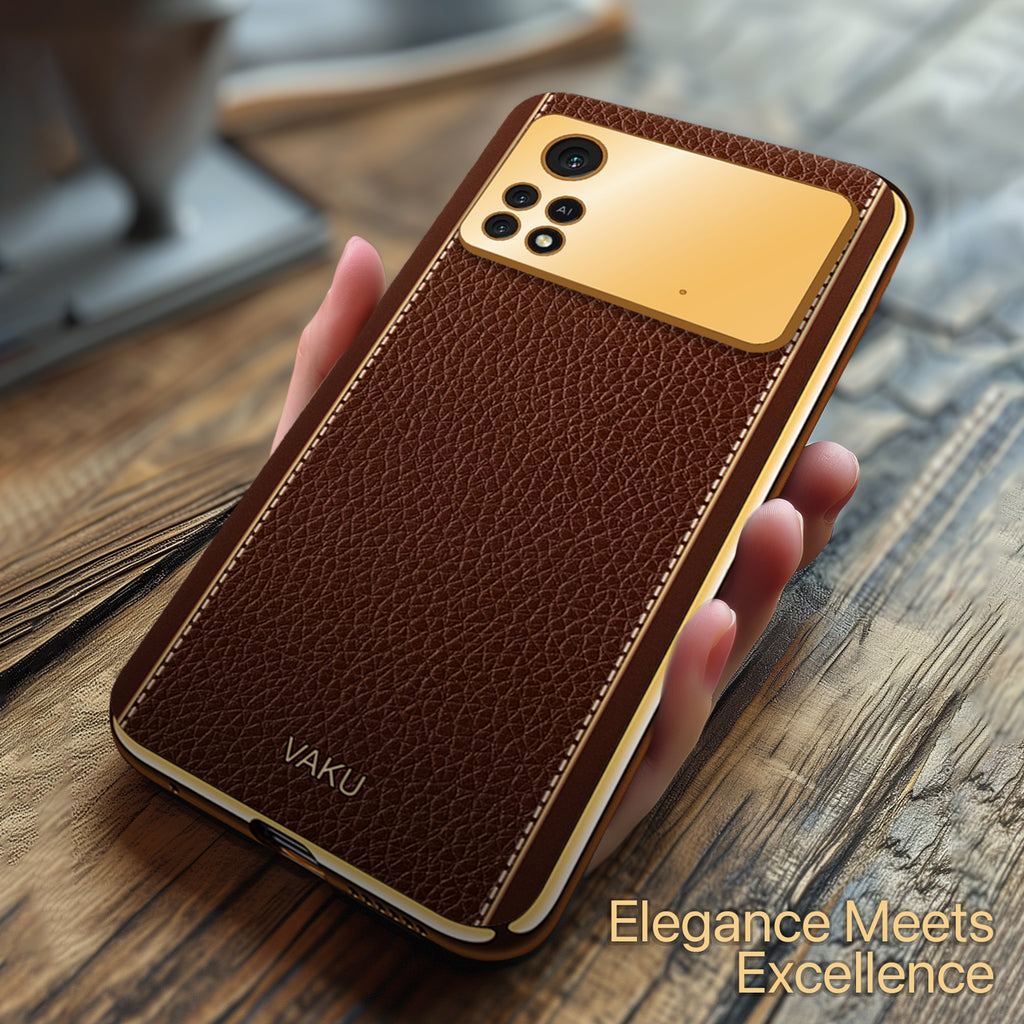 Vaku ® Xiaomi Poco M4 Pro Luxemberg Series Leather Stitched Gold Electroplated Soft TPU Back Cover