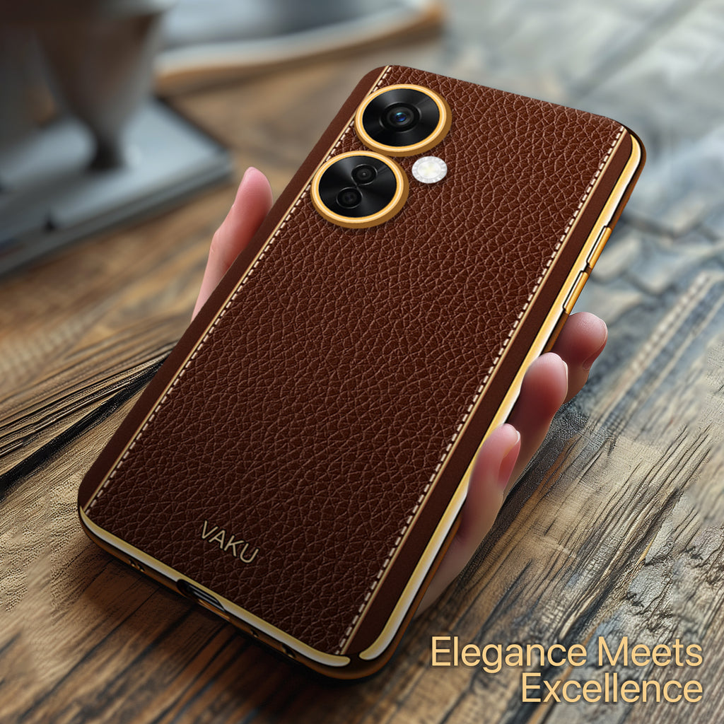 Vaku ® OnePlus Nord CE 3 Lite 5G Luxemberg Series Leather Stitched Gold Electroplated Soft TPU Back Cover