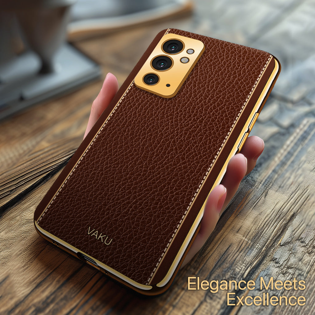 Vaku ® OnePlus 9RT Luxemberg Series Leather Stitched Gold Electroplated Soft TPU Back Cover