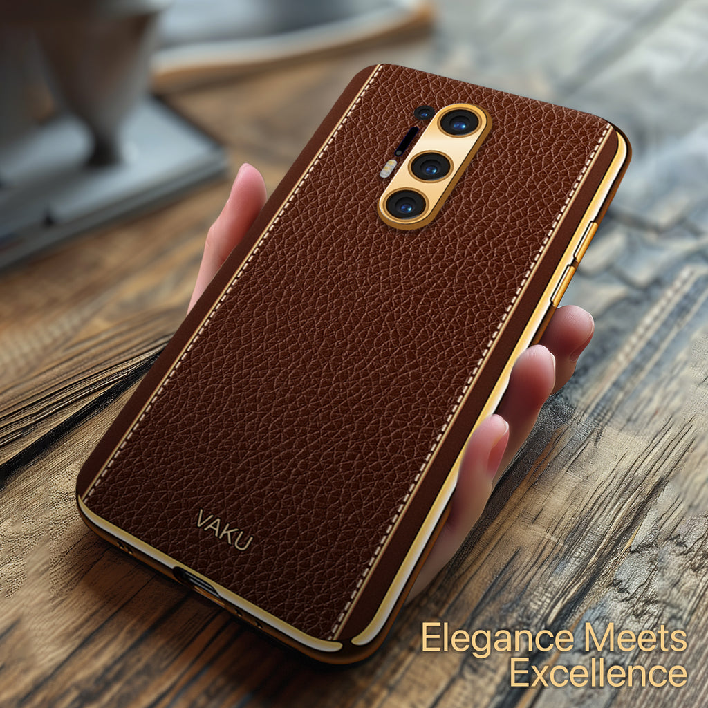 Vaku ® OnePlus 8 Pro Luxemberg Series Leather Stitched Gold Electroplated Soft TPU Back Cover