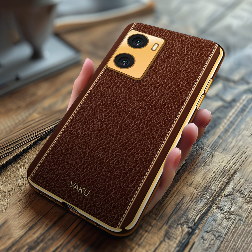 Vaku ® Oppo A77 4G Luxemberg Series Leather Stitched Gold Electroplated Soft TPU Back Cover