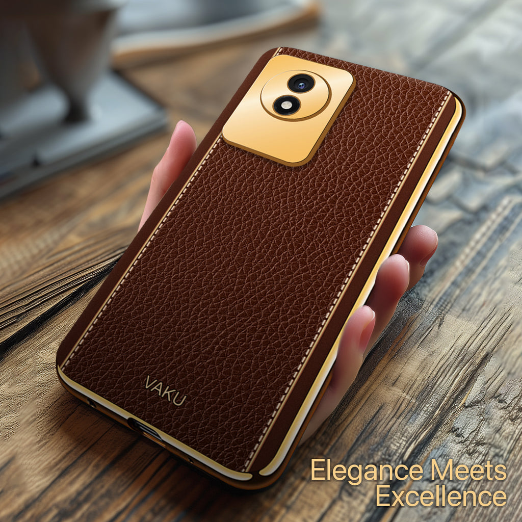 Vaku ® Vivo Y02 Luxemberg Series Leather Stitched Gold Electroplated Soft TPU Back Cover