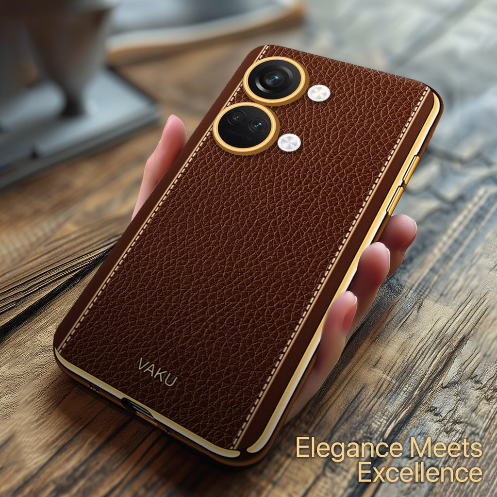 Vaku ® OnePlus Nord 3 Luxemberg Series Leather Stitched Gold Electroplated Soft TPU Back Cover