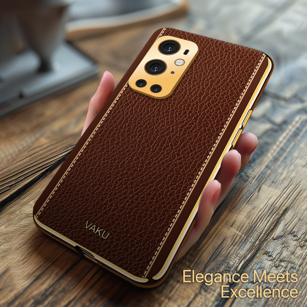 Vaku ® OnePlus 9 Pro Luxemberg Series Leather Stitched Gold Electroplated Soft TPU Back Cover