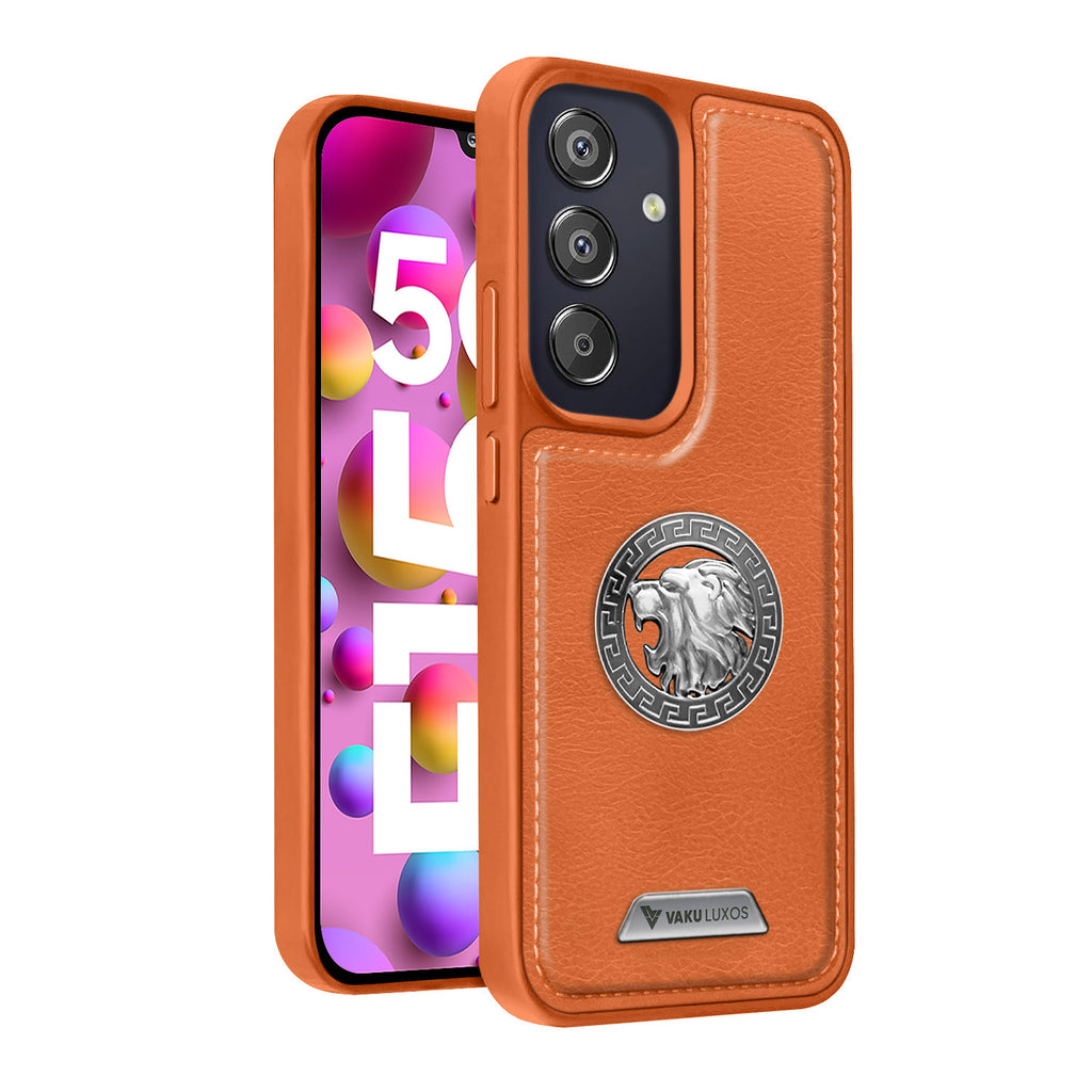 Vaku ® Samsung Galaxy F15 5G Regal Shield Metal Lion Engraved Leather Protective Back Cover