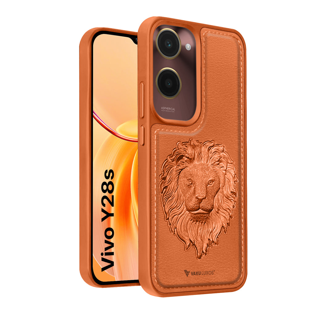Vaku ® Vivo Y28s 5G Lion Embossed Luxury Designer Leather Back Cover