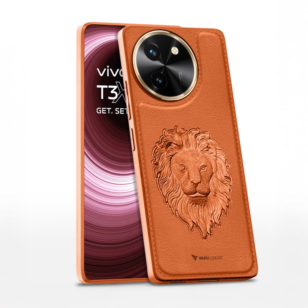 Vaku ® Vivo T3X 5G Lion Embossed Luxury Designer Leather Back Cover