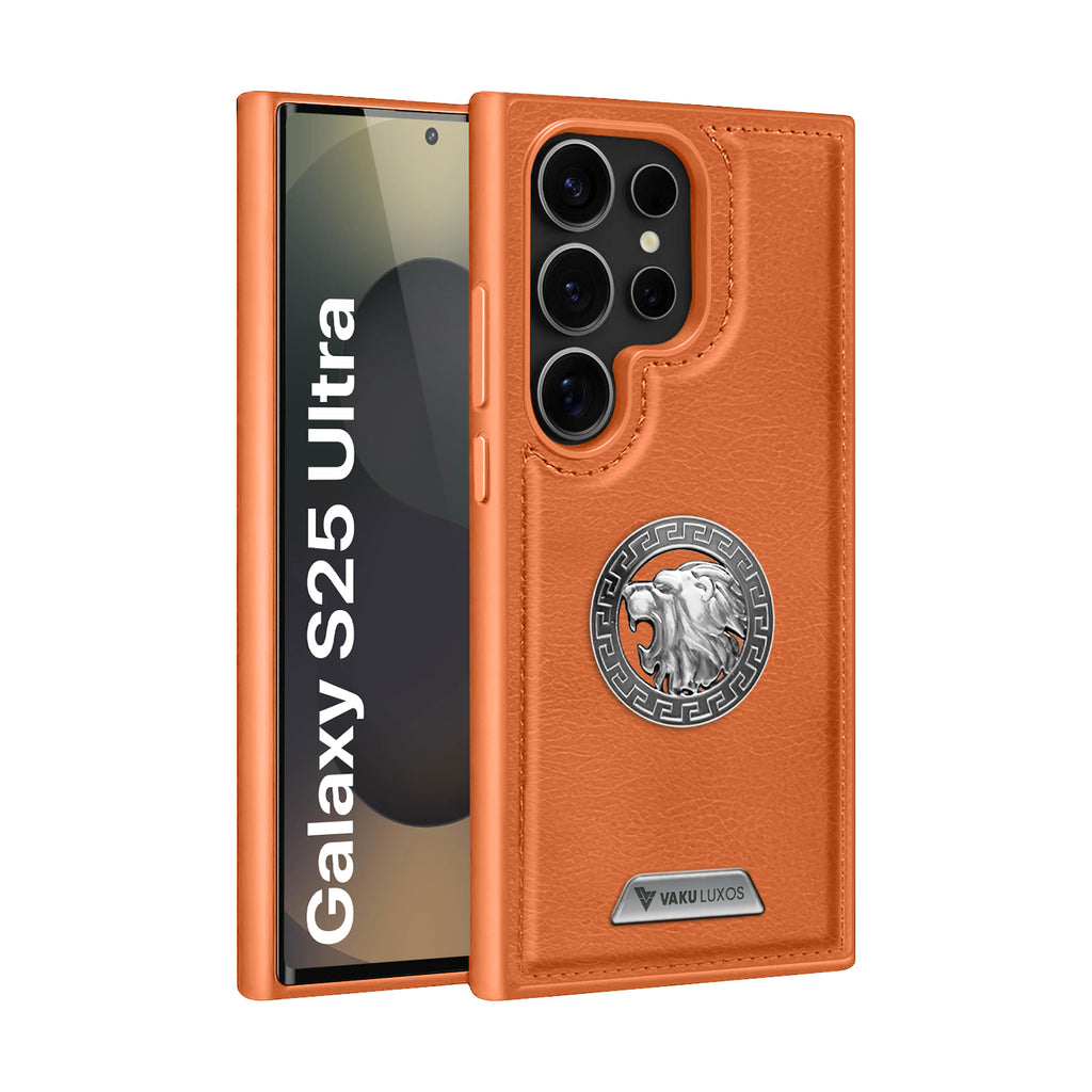 Vaku ® Samsung Galaxy S25 Ultra Regal Shield Metal Lion Engraved Leather Protective Back Cover