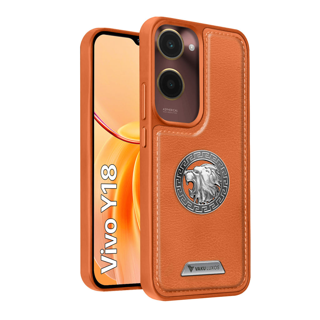 Vaku ® Vivo Y18 Regal Shield Metal Lion Engraved Leather Back Cover