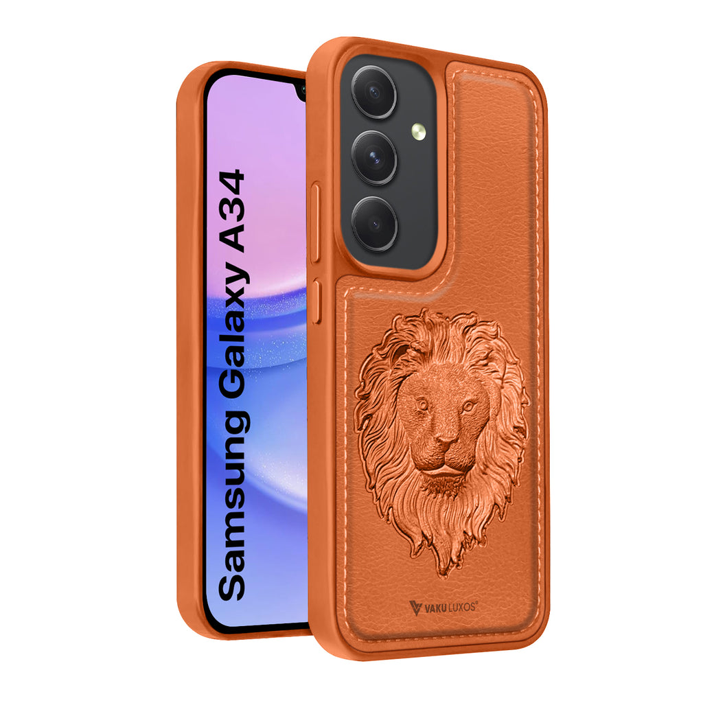 Vaku ® Samsung Galaxy A34 5G Lion Embossed Luxury Designer Leather Protective Back Cover