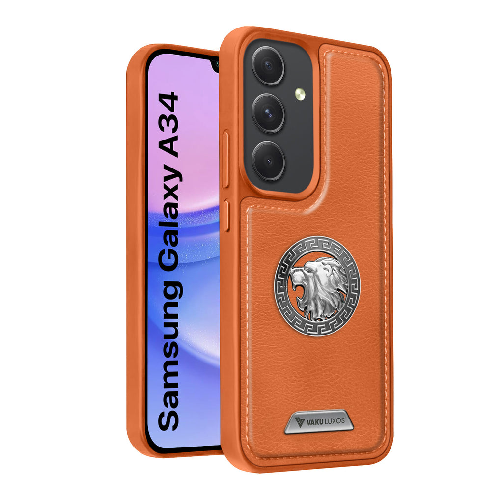 Vaku ® Samsung Galaxy A34 5G Regal Shield Metal Lion Engraved Leather Protective Back Cover