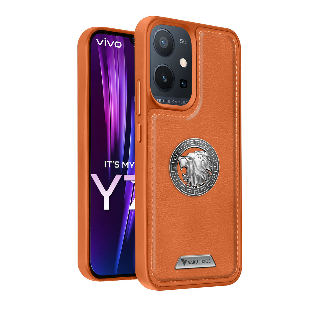 Vaku ® Vivo Y75 5G Regal Shield Metal Lion Engraved Leather Back Cover