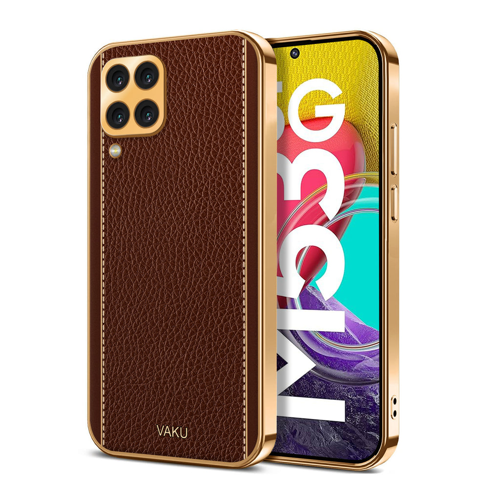 Vaku® Samsung Galaxy M53 5G Luxemberg Series Leather Stitched Gold Electroplated Soft TPU Back Cover
