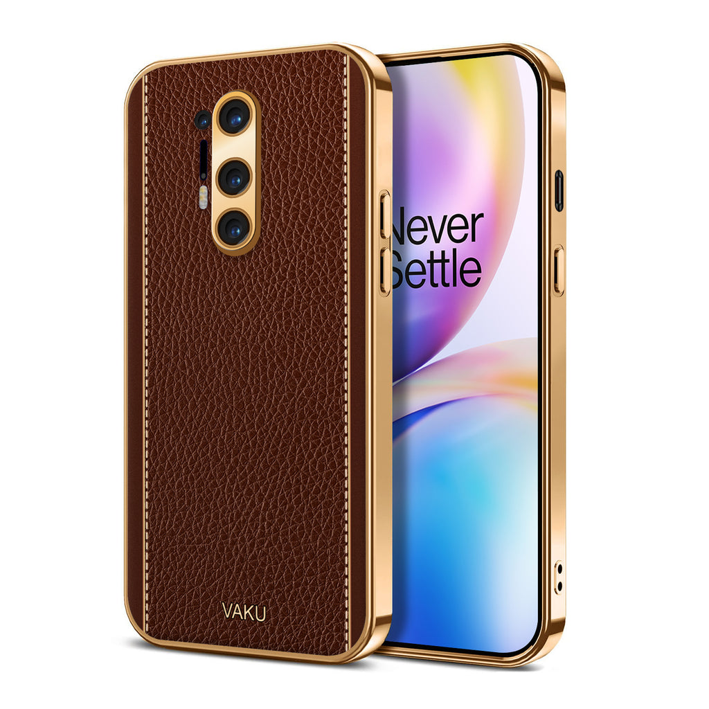 Vaku ® OnePlus 8 Pro Luxemberg Series Leather Stitched Gold Electroplated Soft TPU Back Cover