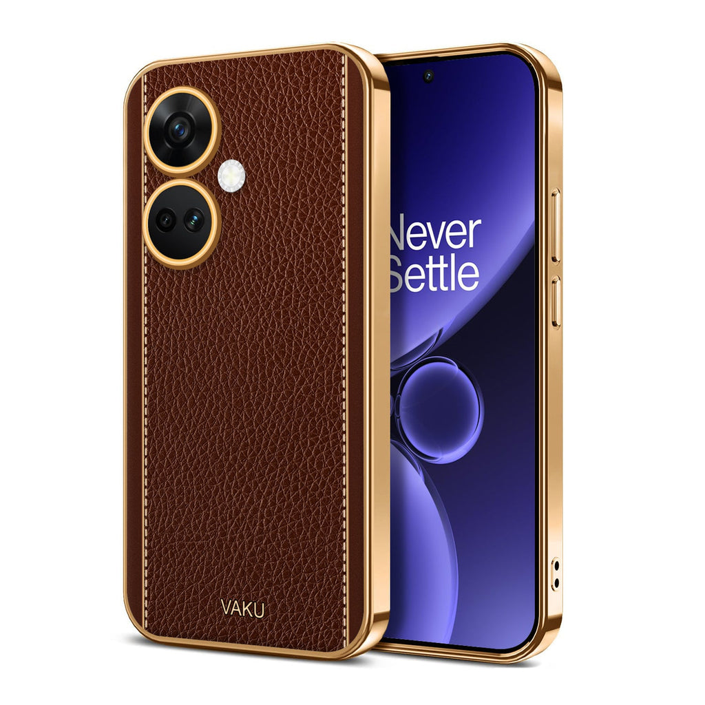 Vaku® OnePlus Nord CE 3 5G Luxemberg Series Leather Stitched Gold Electroplated Soft TPU Back Cover