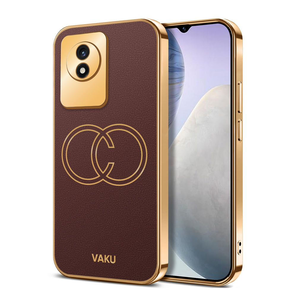 Vaku ® Vivo Y02 Skylar Leather Pattern Gold Electroplated Soft TPU Back Cover