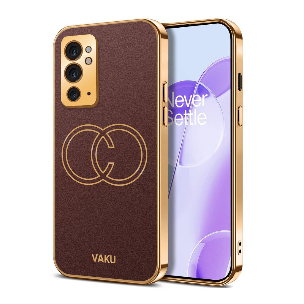 Vaku ® OnePlus 9RT Skylar Series Leather Stitched Gold Electroplated Soft TPU Back Cover