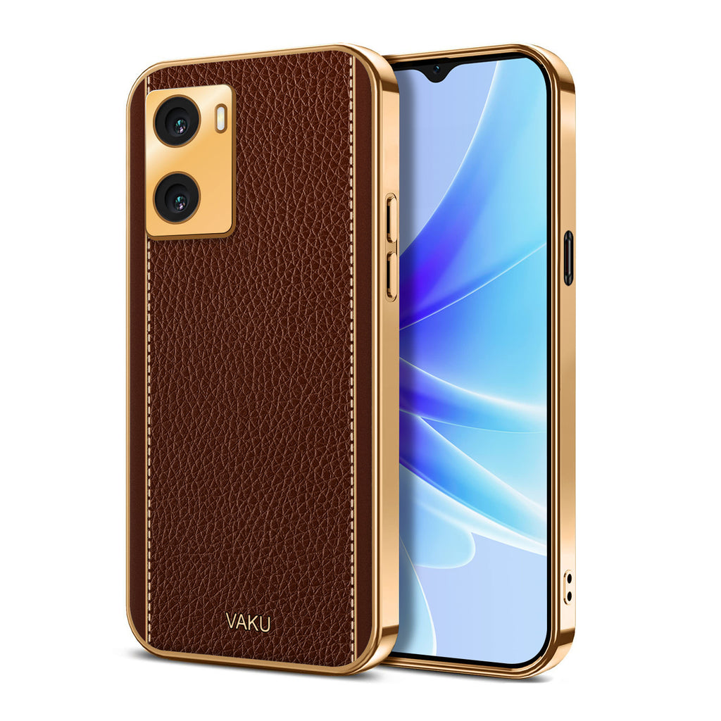 Vaku ® Oppo A77 4G Luxemberg Series Leather Stitched Gold Electroplated Soft TPU Back Cover