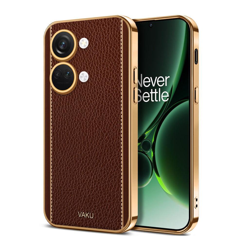 Vaku ® OnePlus Nord 3 Luxemberg Series Leather Stitched Gold Electroplated Soft TPU Back Cover