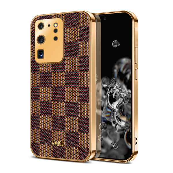 Vaku® Samsung Galaxy S20 Ultra Cheron Series Leather Stitched Gold Electroplated Soft TPU Back Cover