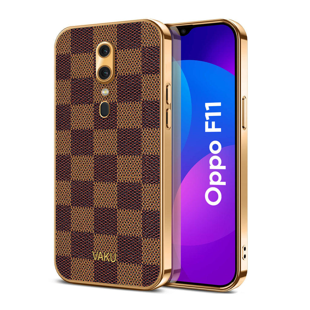 Vaku® Oppo F11 Cheron Series Leather Stitched Gold Electroplated Soft TPU Back Cover