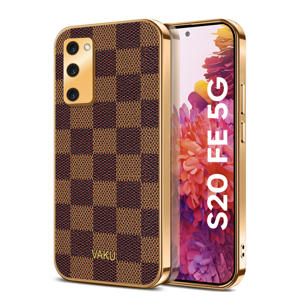 Vaku® Samsung Galaxy S20 FE Cheron Series Leather Stitched Gold Electroplated Soft TPU Back Cover