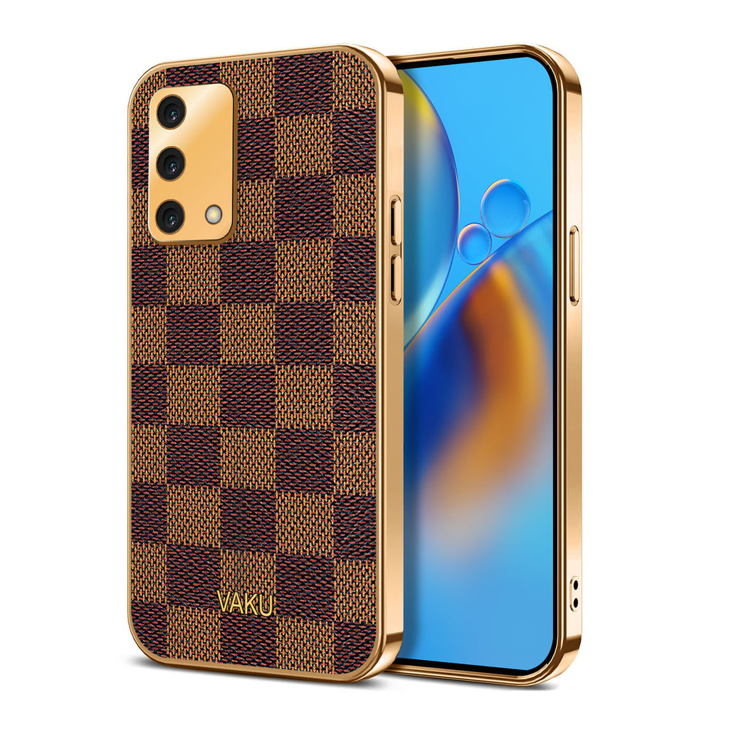 Vaku® Oppo A74 4G Cheron Leather Stitched Gold Electroplated Soft TPU Back Cover