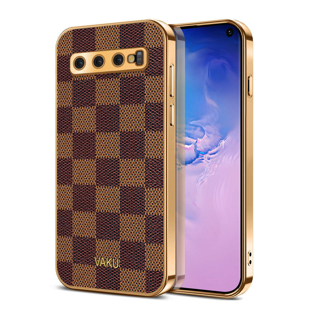 Vaku® Samsung Galaxy S10 Plus Cheron Series Leather Stitched Gold Electroplated Soft TPU Back Cover