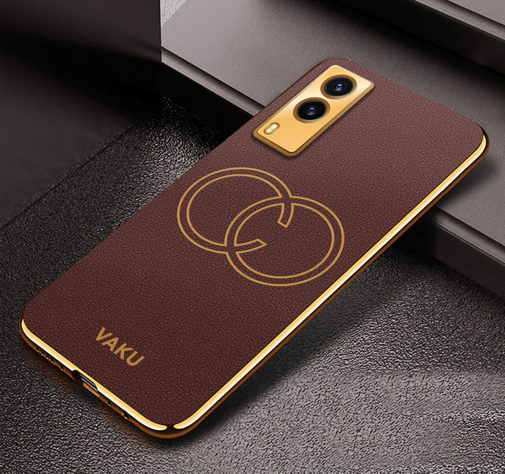 Vaku ® Vivo V21e 5G Skylar Leather Finish Gold Electroplated Soft TPU Back Cover