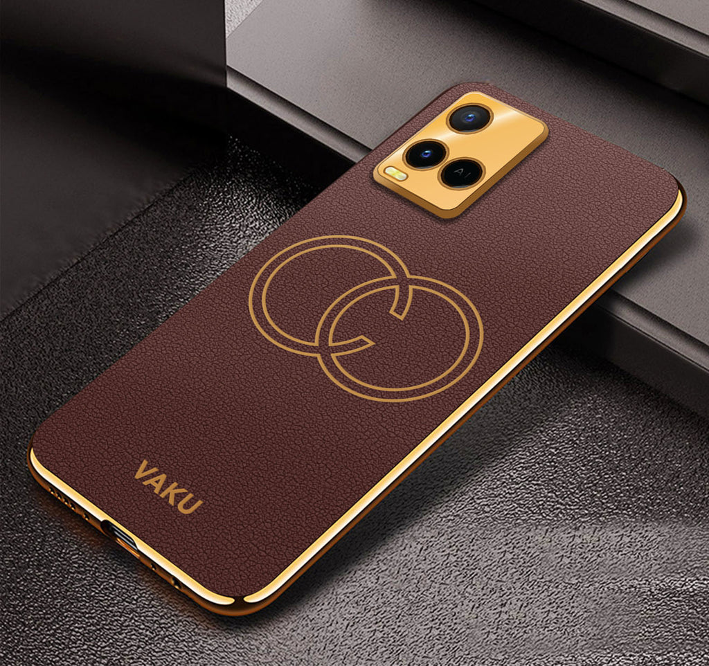 Vaku ® Vivo Y21G Skylar Leather Pattern Gold Electroplated Soft TPU Back Cover