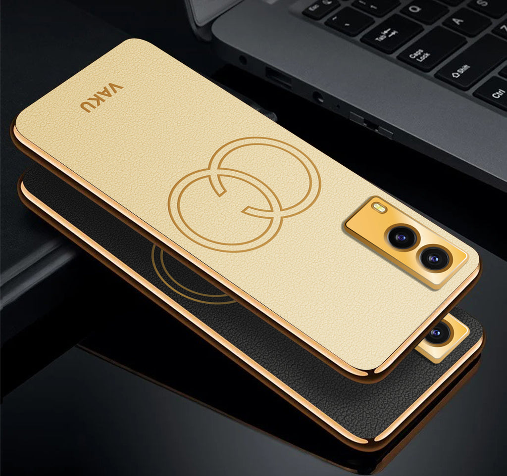 Vaku ® Vivo V21e 5G Skylar Leather Finish Gold Electroplated Soft TPU Back Cover