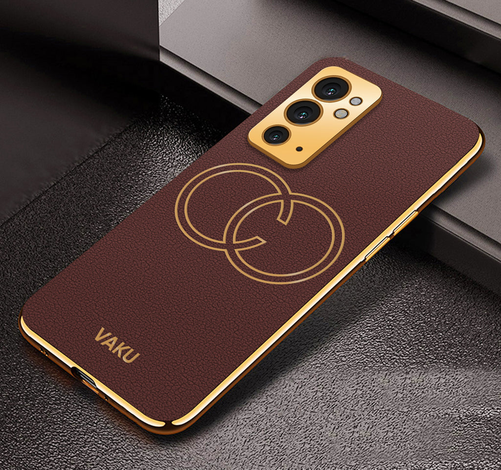Vaku ® OnePlus 9RT Skylar Series Leather Stitched Gold Electroplated Soft TPU Back Cover