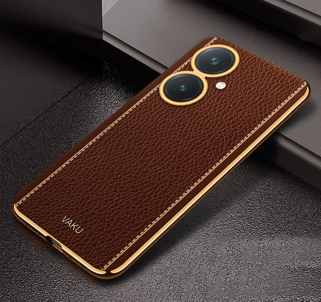 Vaku® Vivo Y27 Luxemberg Series Leather Stitched Gold Electroplated Soft TPU Back Cover