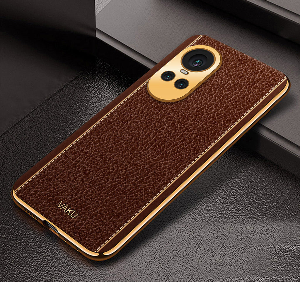 Vaku® Oppo Reno10 5G Luxemberg Leather Pattern Gold Electroplated Soft TPU Back Cover