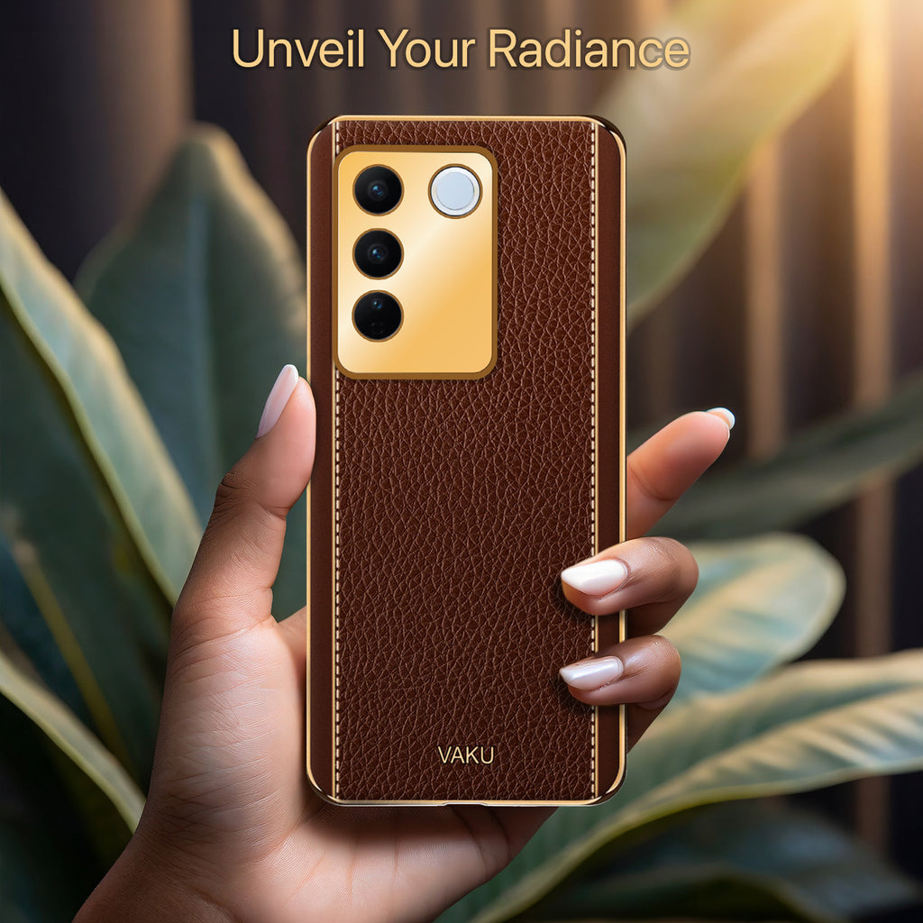 Vaku ® Vivo V27 5G Luxemberg Leather Pattern Gold Electroplated Soft TPU Back Cover