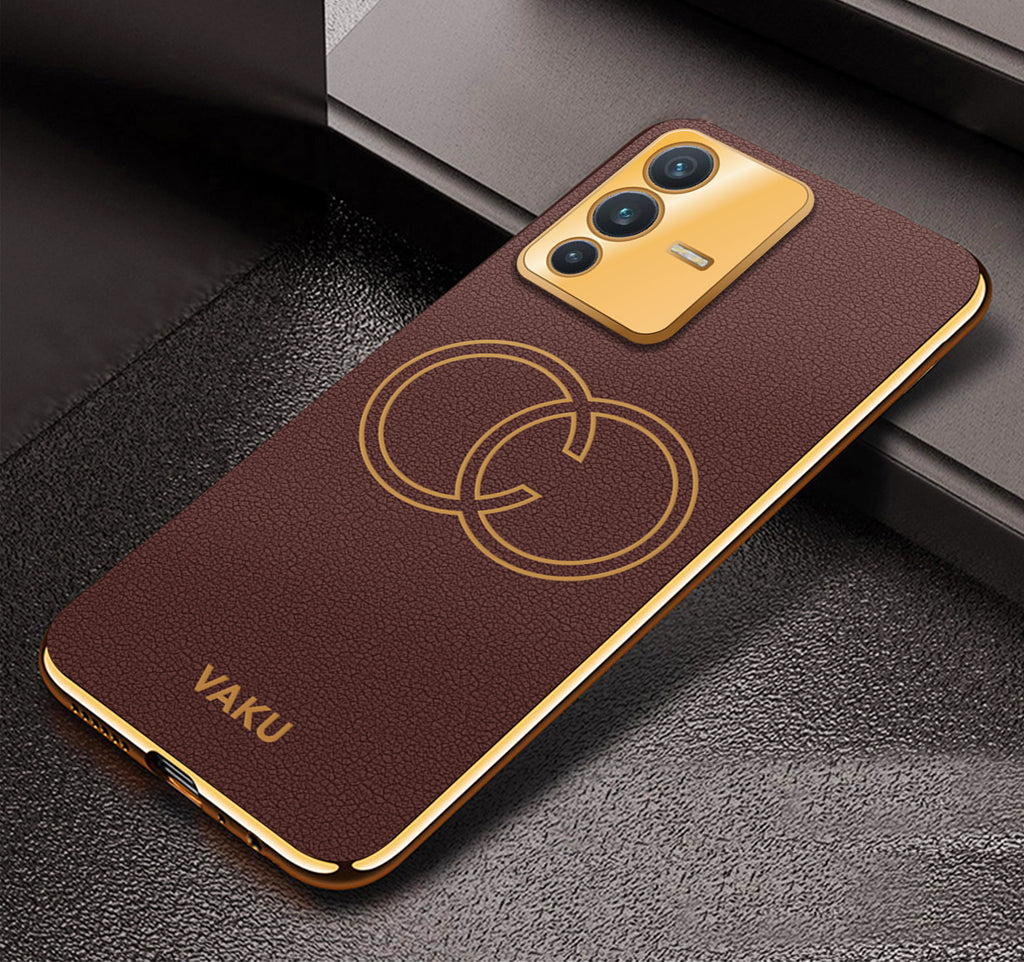 Vaku ® Vivo V23 5G Skylar Leather Pattern Gold Electroplated Soft TPU Back Cover