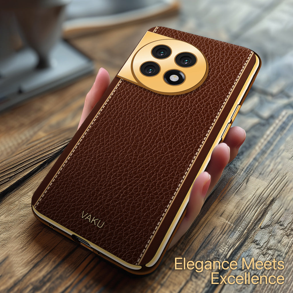 Vaku ® OnePlus 11R Luxemberg Series Leather Stitched Gold Electroplated Soft TPU Back Cover