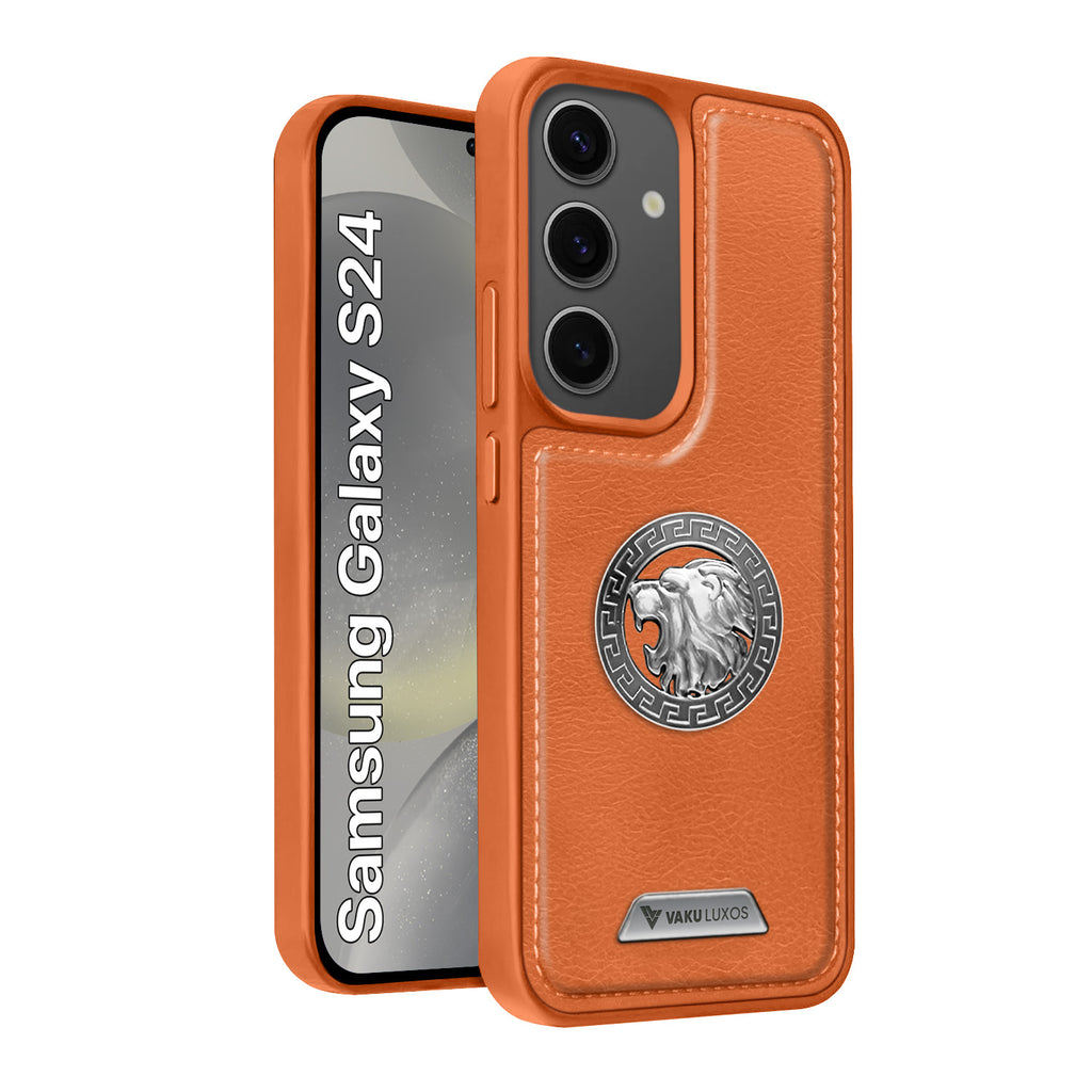 Vaku ® Samsung Galaxy S24 Regal Shield Metal Lion Engraved Leather Protective Back Cover