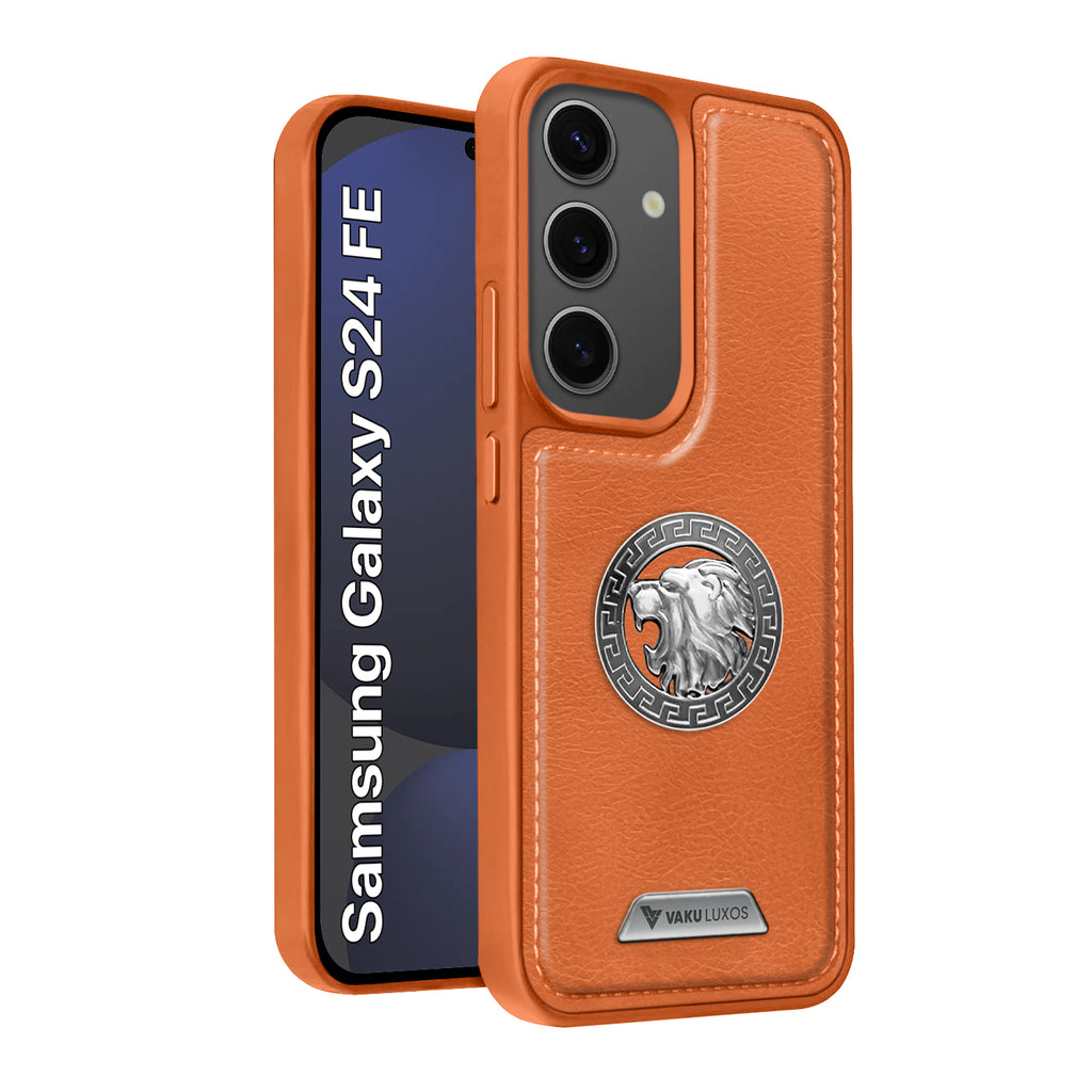 Vaku ® Samsung Galaxy S24 FE Regal Shield Metal Lion Engraved Leather Protective Back Cover