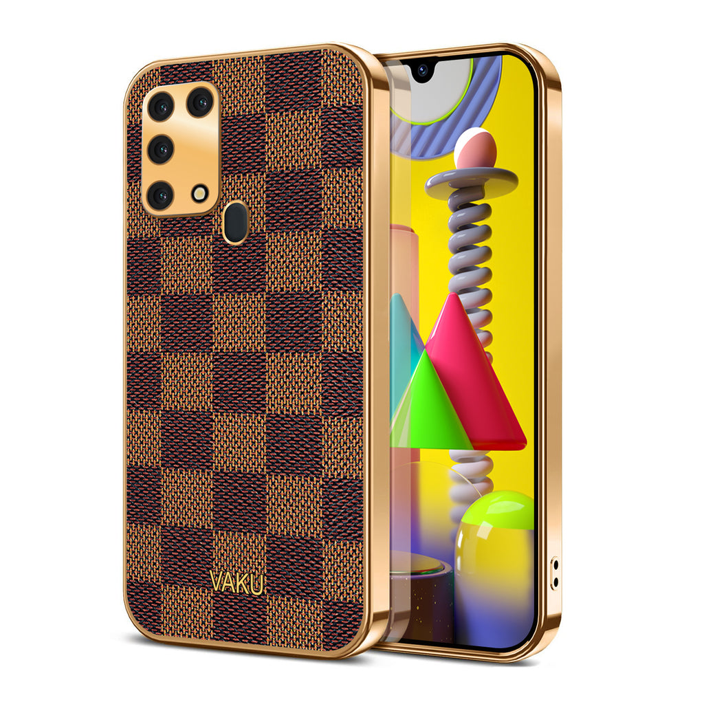 Vaku® Samsung Galaxy M31 Cheron Series Leather Stitched Gold Electroplated Soft TPU Back Cover