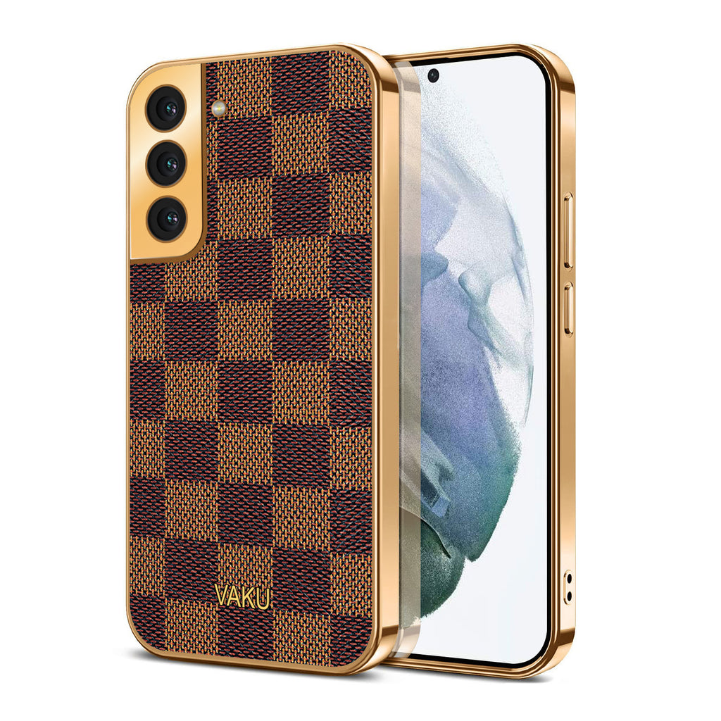 Vaku® Samsung Galaxy S21 Plus Cheron Series Leather Stitched Gold Electroplated Soft TPU Back Cover