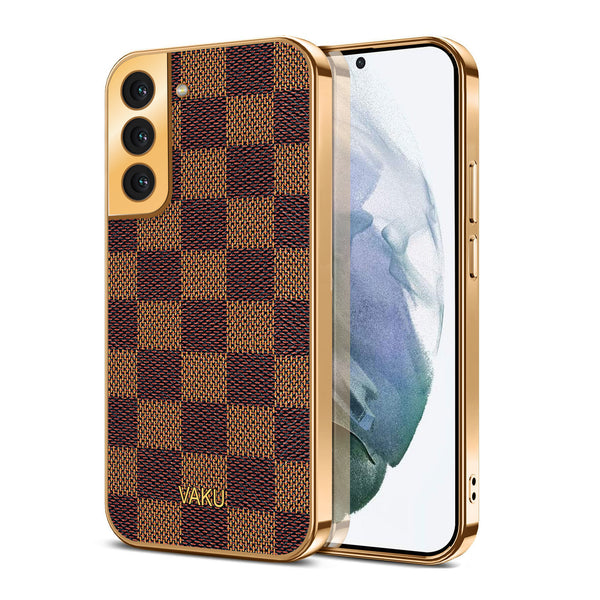 Vaku® Samsung Galaxy S21 Plus Cheron Series Leather Stitched Gold Electroplated Soft TPU Back Cover