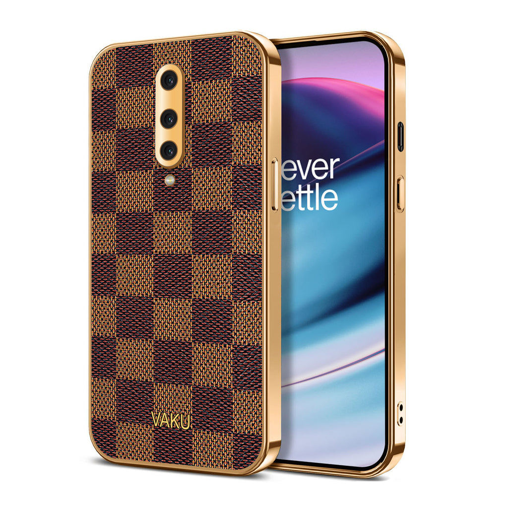 Vaku® OnePlus 8 Cheron Series Leather Stitched Gold Electroplated Soft TPU Back Cover