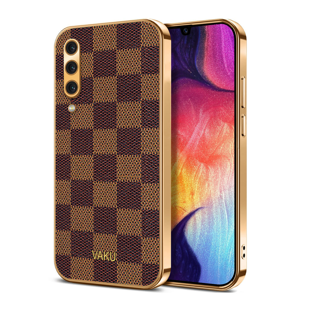 Vaku® Samsung Galaxy A50s Cheron Series Leather Stitched Gold Electroplated Soft TPU Back Cover