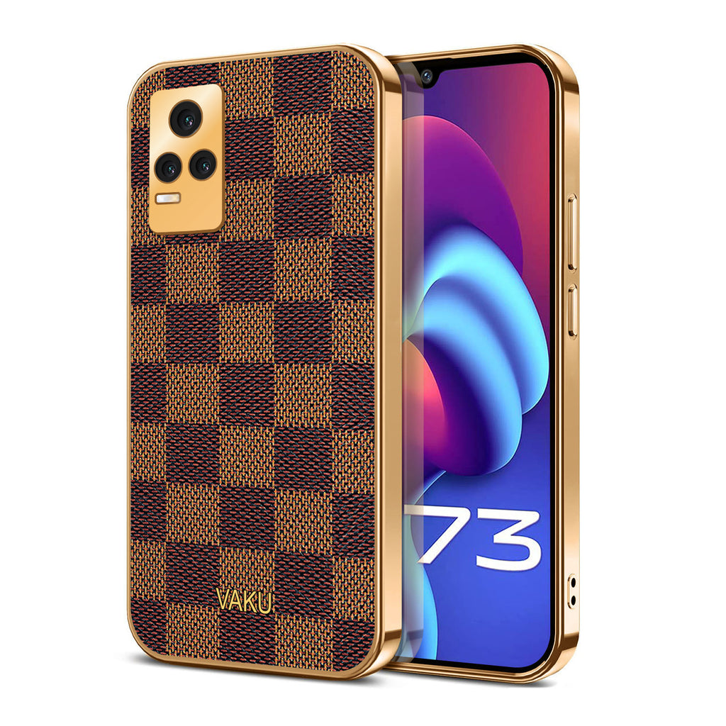 Vaku® Vivo Y73 Cheron Series Leather Stitched Gold Electroplated Soft TPU Back Cover