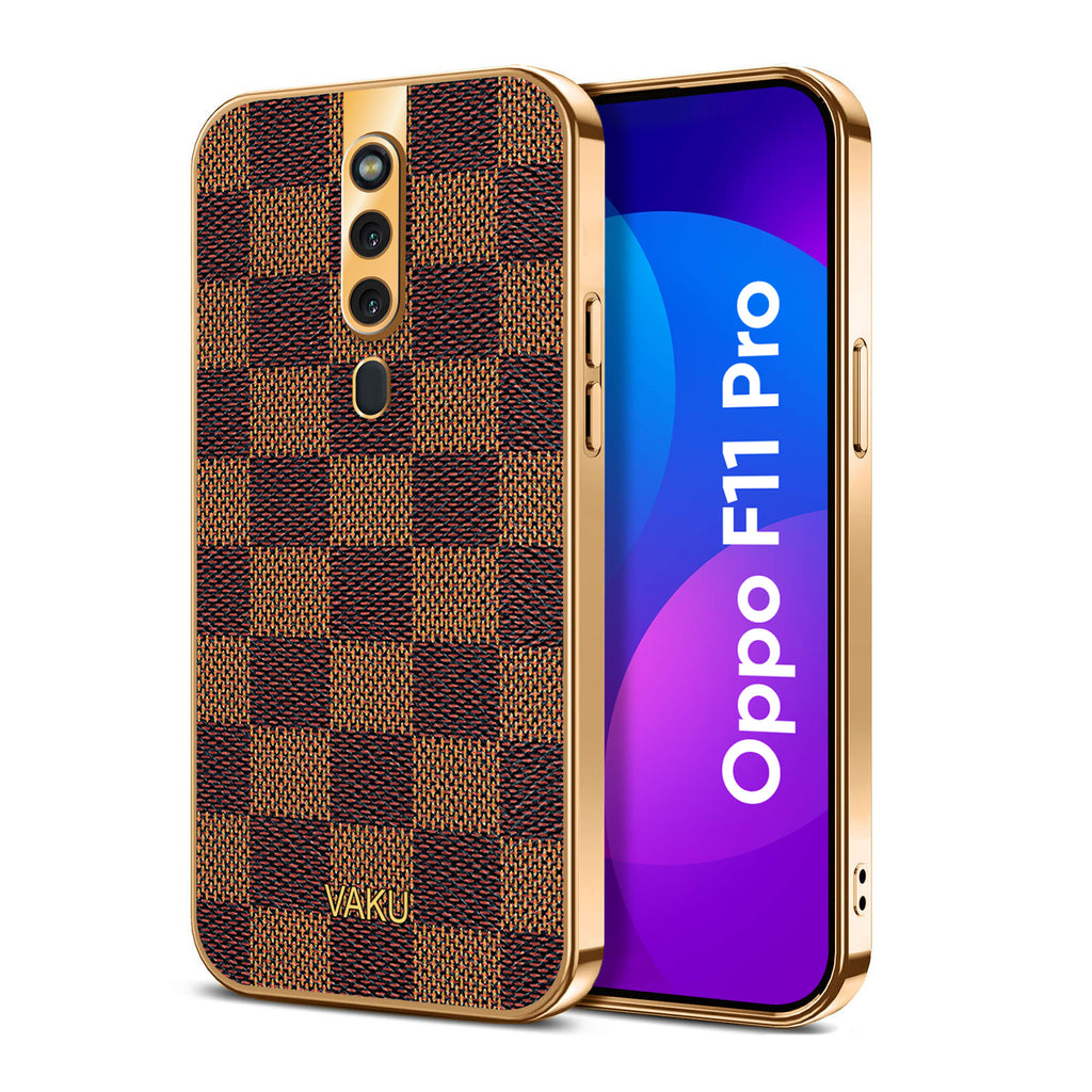Vaku® Oppo F11 Pro Cheron Series Leather Stitched Gold Electroplated Soft TPU Back Cover