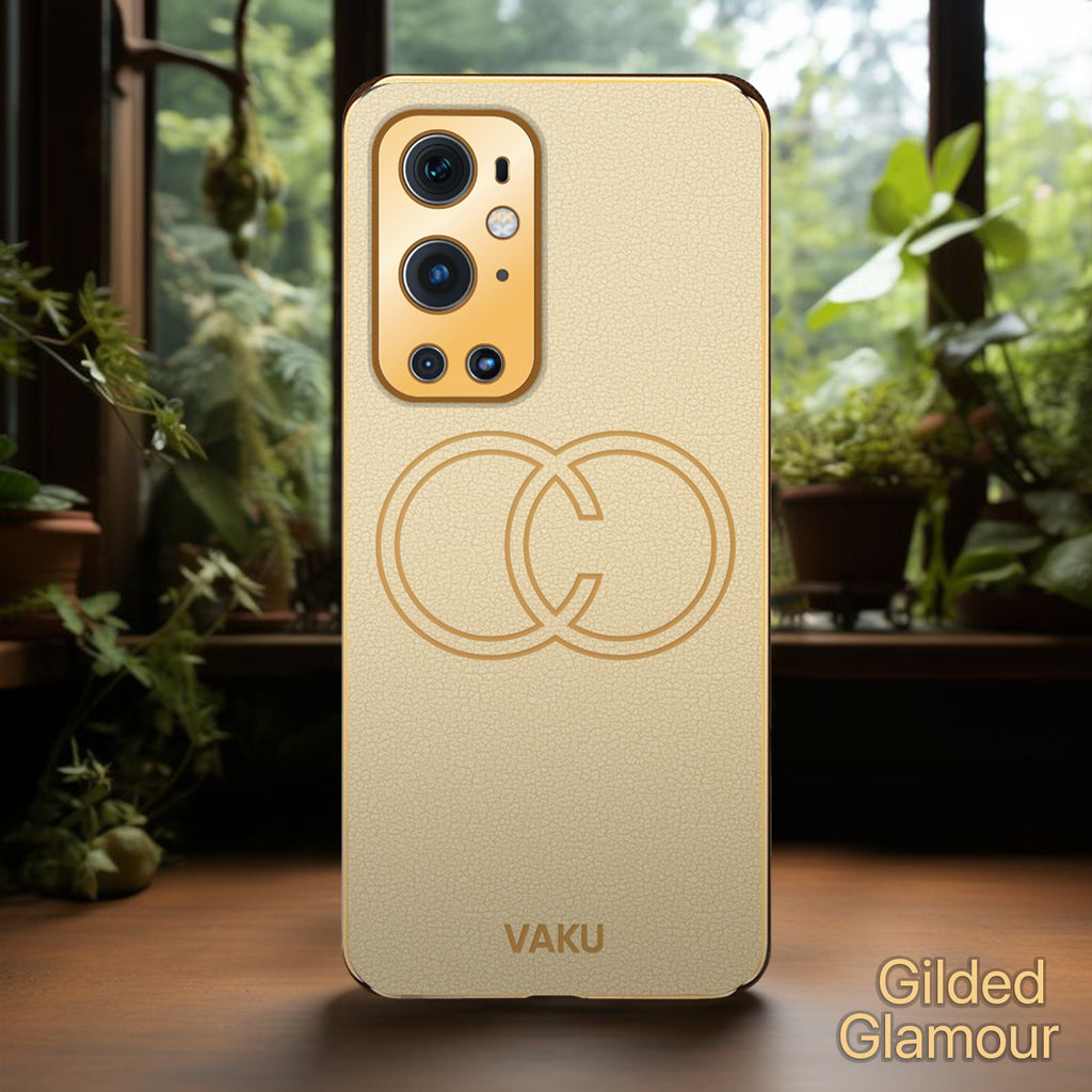 Vaku ® OnePlus 9 Pro Skylar Series Leather Stitched Gold Electroplated Soft TPU Back Cover