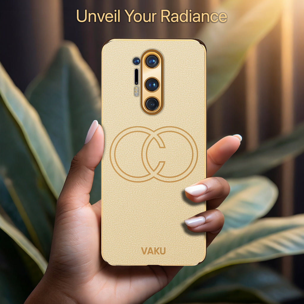 Vaku ® OnePlus 8 Pro Skylar Series Leather Stitched Gold Electroplated Soft TPU Back Cover