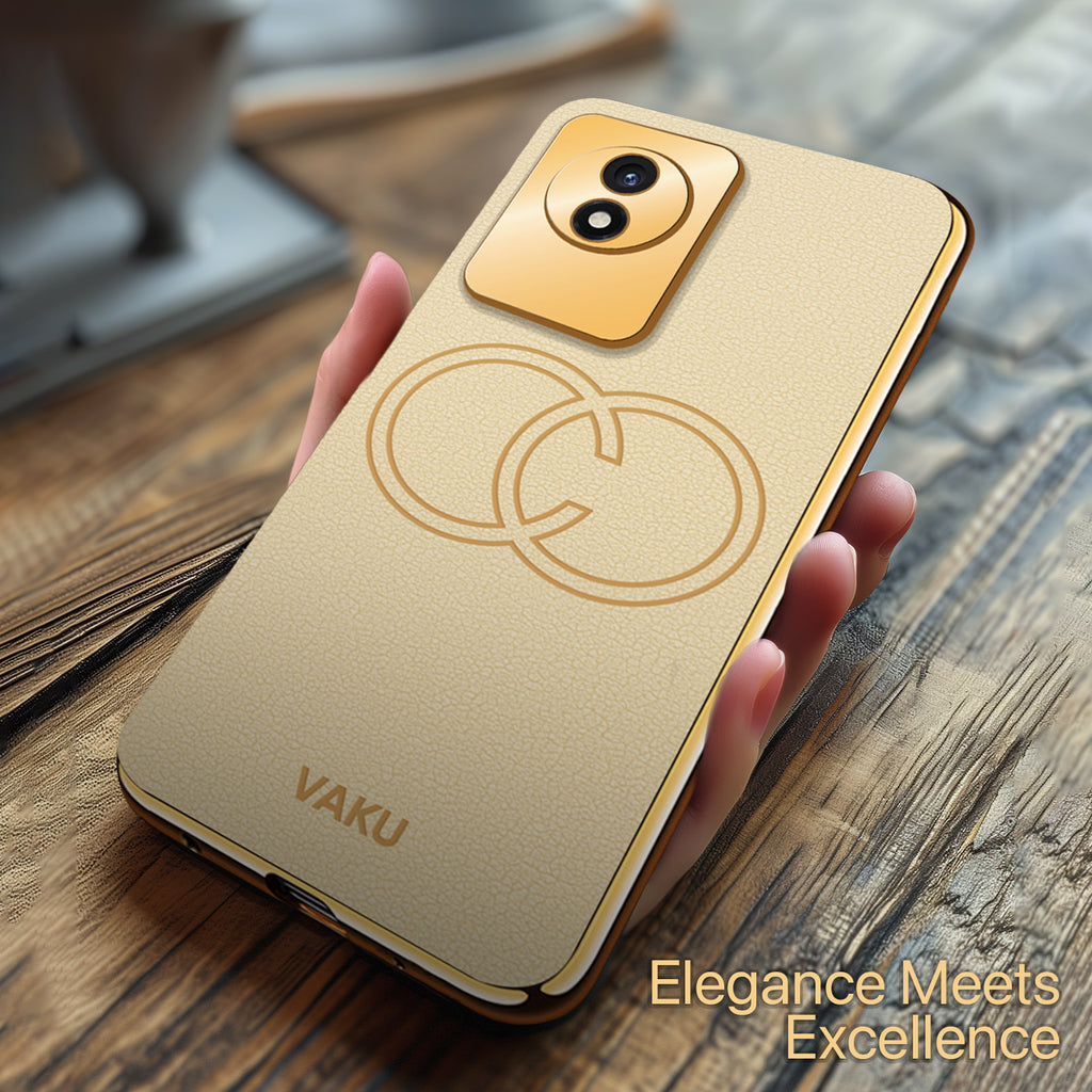 Vaku ® Vivo Y02 Skylar Leather Pattern Gold Electroplated Soft TPU Back Cover