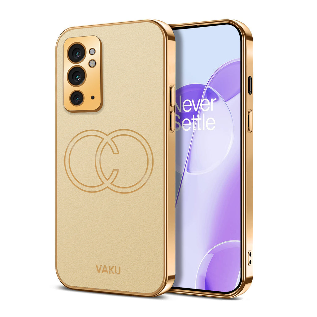 Vaku ® OnePlus 9RT Skylar Series Leather Stitched Gold Electroplated Soft TPU Back Cover